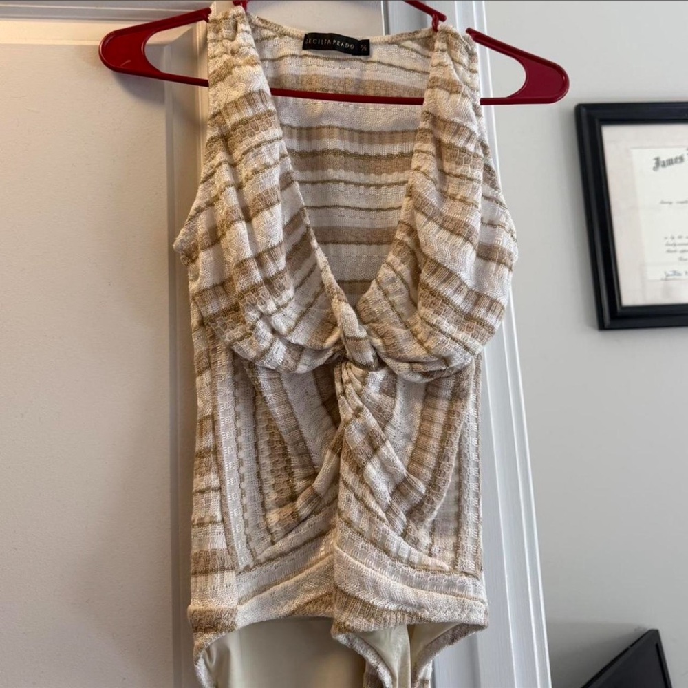 BCBGMaxAzria Beige and Cream Striped Twist-Front Tank Top